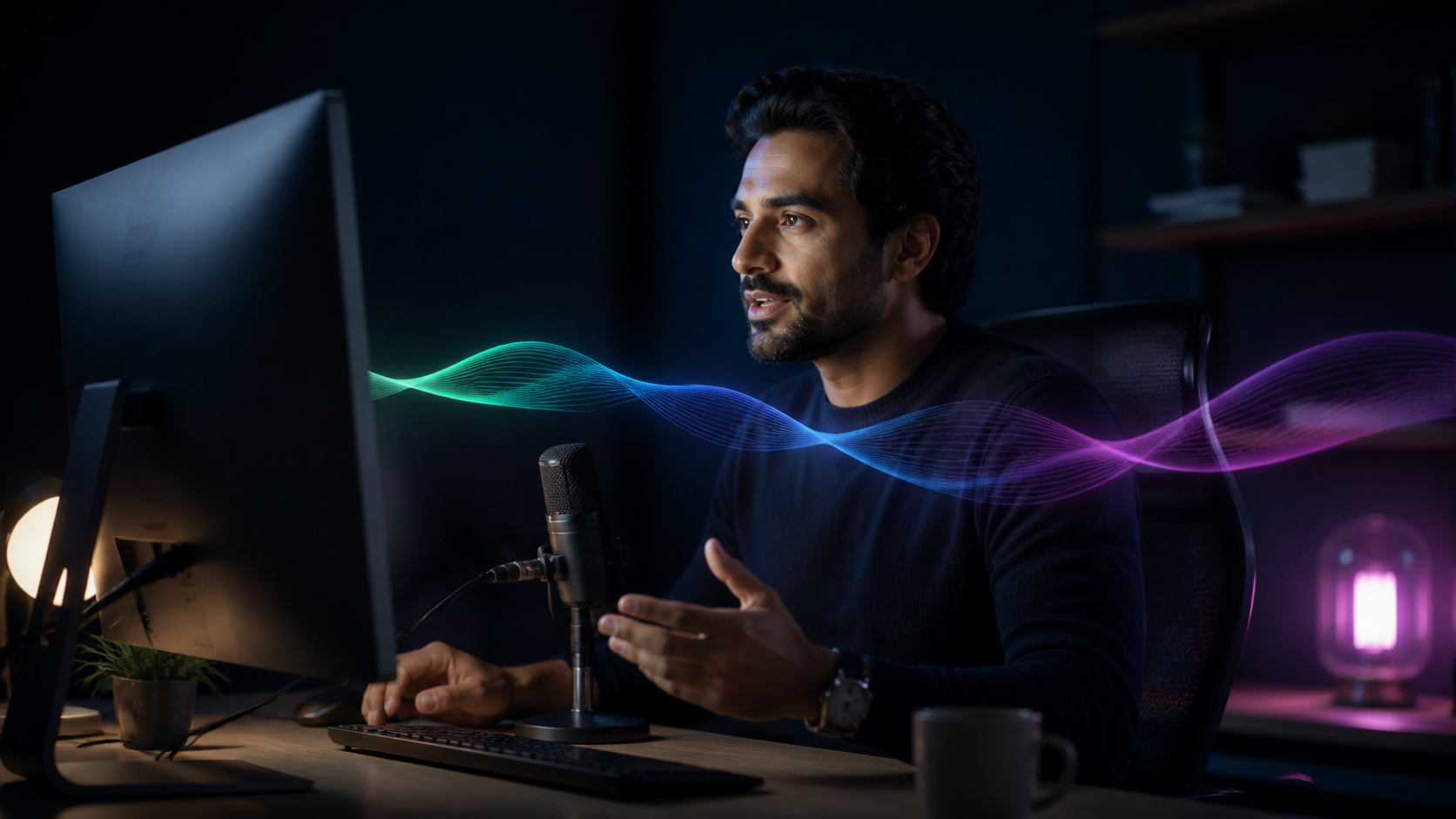 A multilingual professional dictating at a computer as a multicolored audio wave crosses the scene.